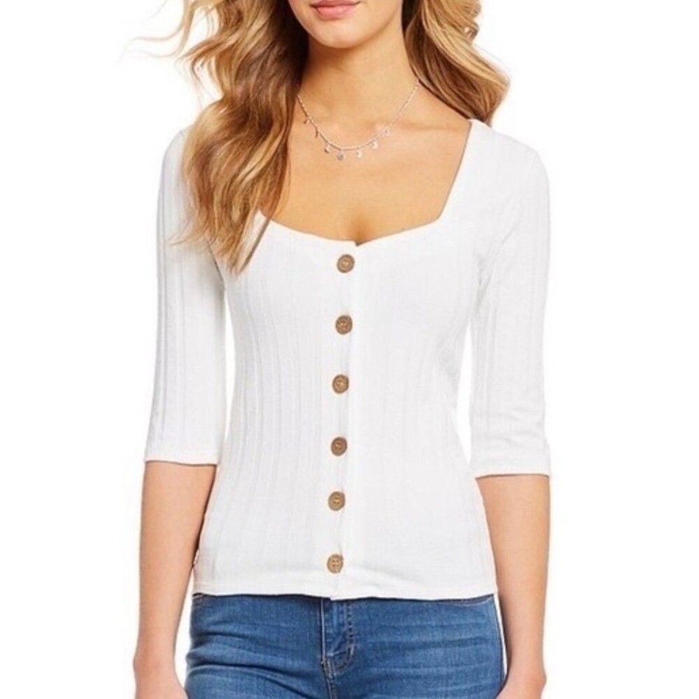 NEW Free People Women’s Ribbed Button-Down Knit Top Small White Stretch
